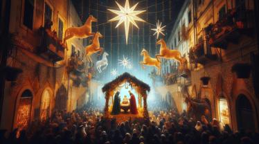 Maak een hoogwaardige afbeelding, vastgelegd met een DSLR-camera, waarin de viering van Driekoningen wordt getoond, ter gelegenheid van het bezoek van de Drie Wijzen aan het kindje Jezus in Bethlehem.