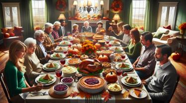 Afbeelding van een traditioneel Amerikaans Thanksgiving-tafereel, vastgelegd met de hoogwaardige details en diepte die kenmerkend zijn voor een foto gemaakt met een professionele DSLR-camera zoals de Nikon D810.