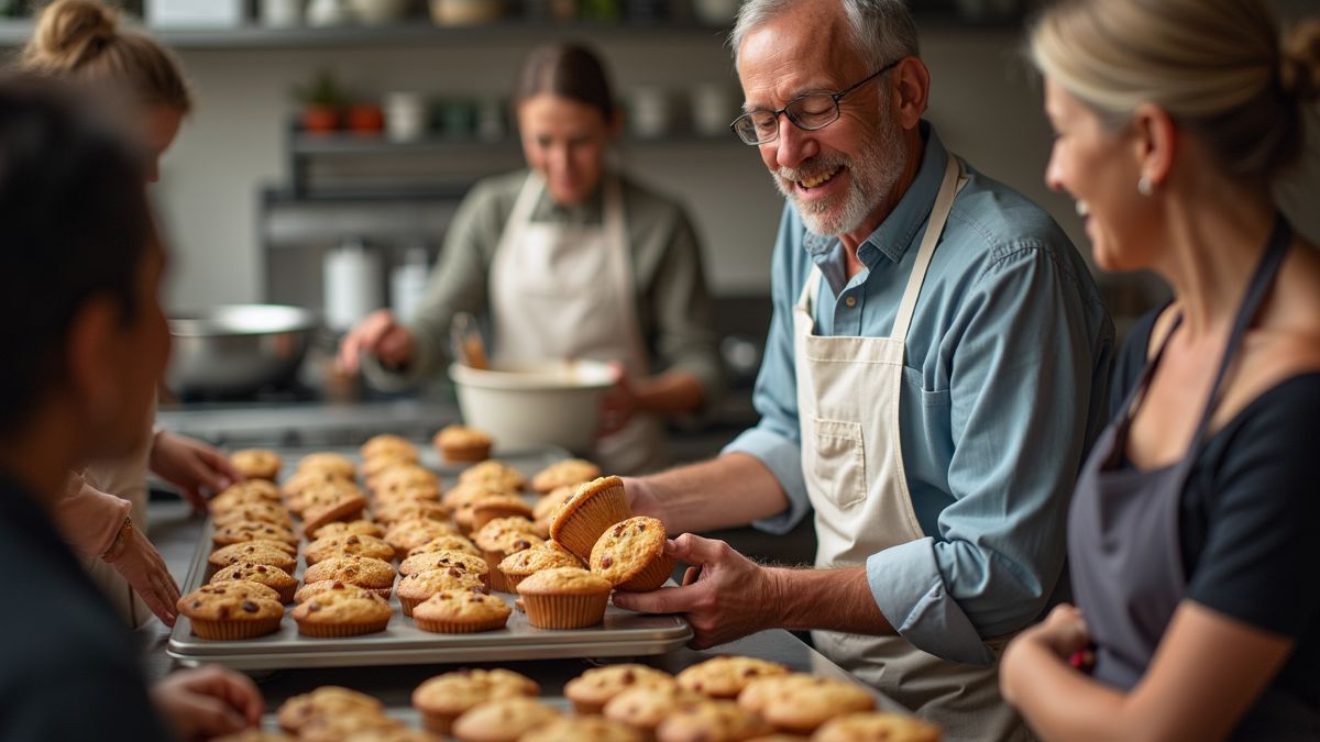 Bakker serveert muffins in een gemeenschapskeuken