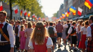 Hoogwaardige DSLR-foto die de festiviteiten van Pinkstermaandag vastlegt, met vieringen, de versieringen en de algemene sfeer van vreugde en gemeenschap.