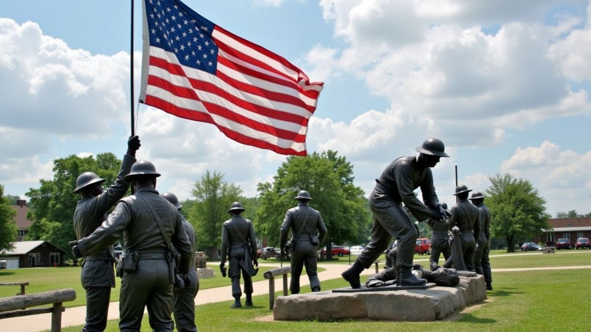 Beeld van soldaten met Amerikaanse vlag