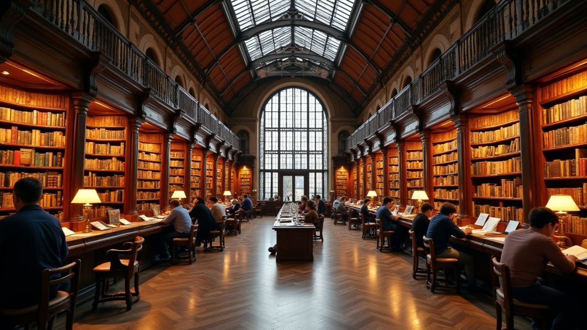 Bibliotheekinterieur met lezende mensen