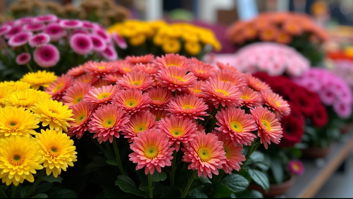 Bloemenmarkt met chrysanten