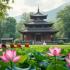 Boeddhistisch tempel met lotusbloemen.