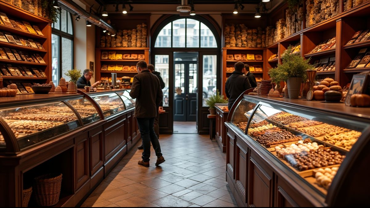 Drukke Belgische chocolatier winkel met klanten