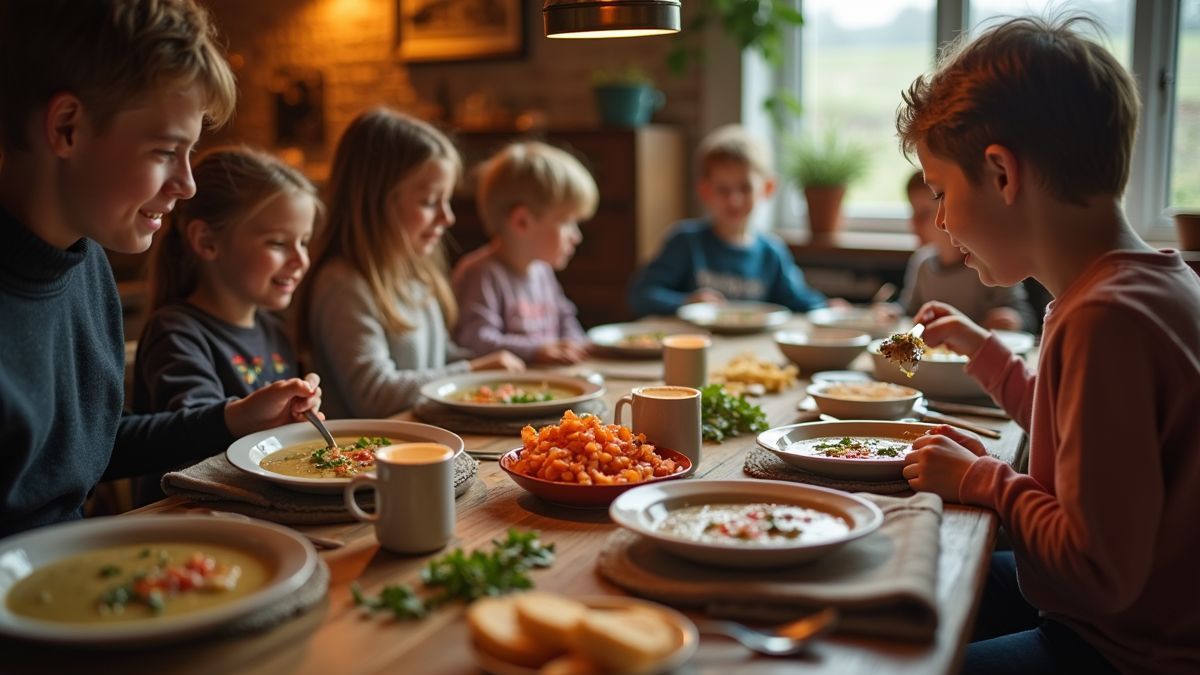 Een Belgisch gezin geniet van huisgemaakte soep.