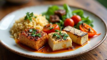 Een kleurrijk bord met verschillende tofu-gerechten