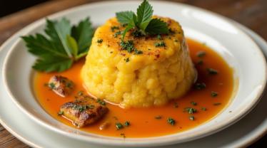Een bord mofongo met kruiden en traditionele bijgerechten