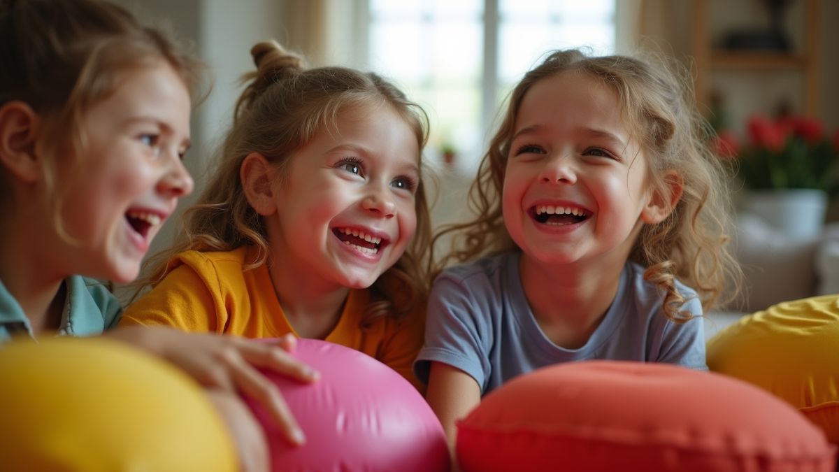 Een groep lachende vrienden met wiebelkussens