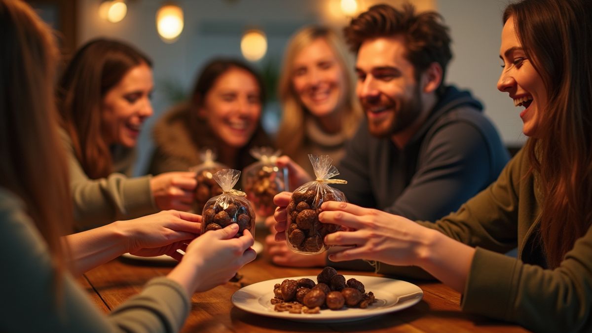 Een groep vrienden deelt met plezier zakjes met chocolade bedekte noten tijdens een feestelijke bijeenkomst.