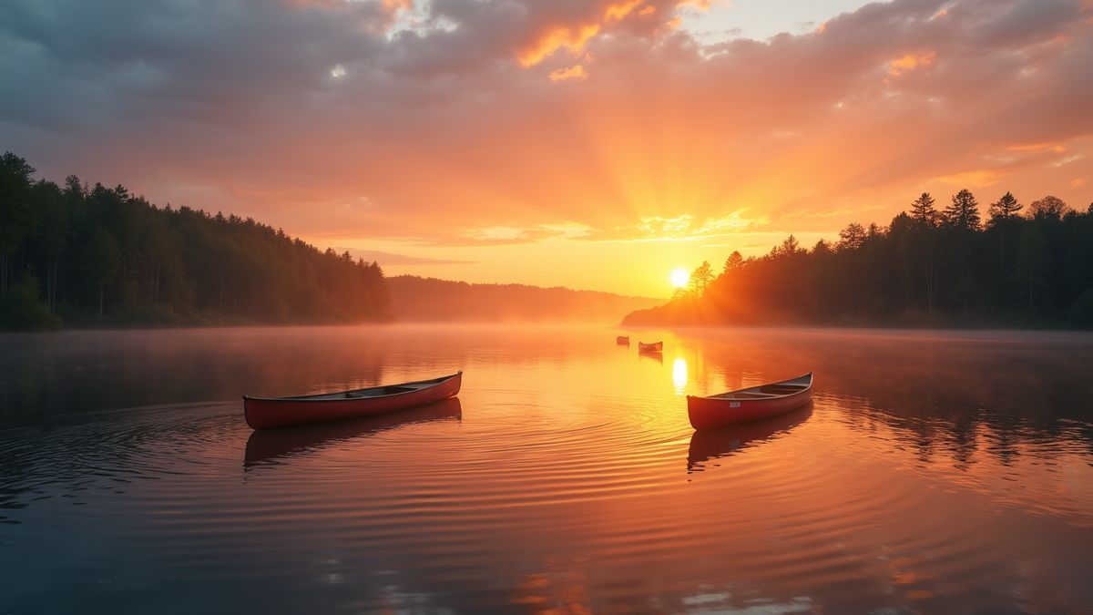 Een groot meer met kano's bij zonsondergang