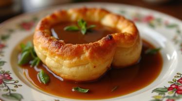 Een heerlijk stuk Yorkshire pudding met jus op een traditioneel Engels dinerbord