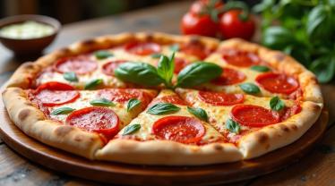 Een heerlijke peperoni pizza op een houten tafel.