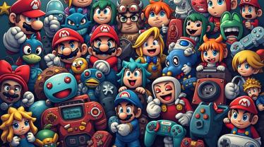 Een kleurrijke collage van gamepersonages en consoles.