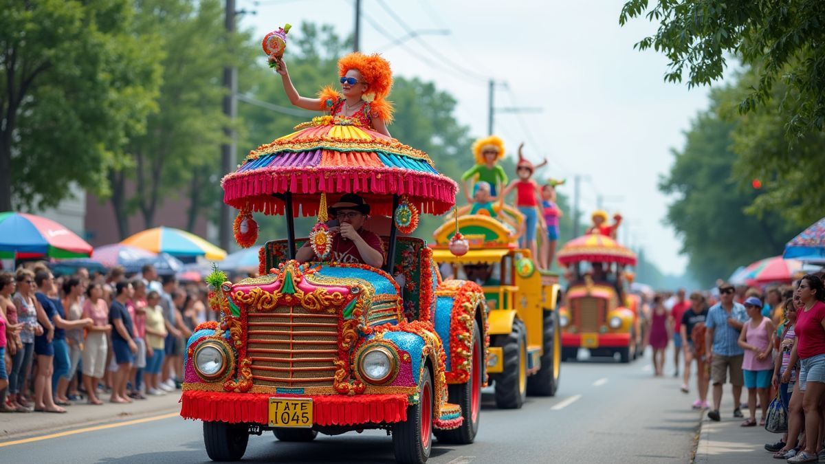 Een kleurrijke parade tijdens een festival in Iowa.