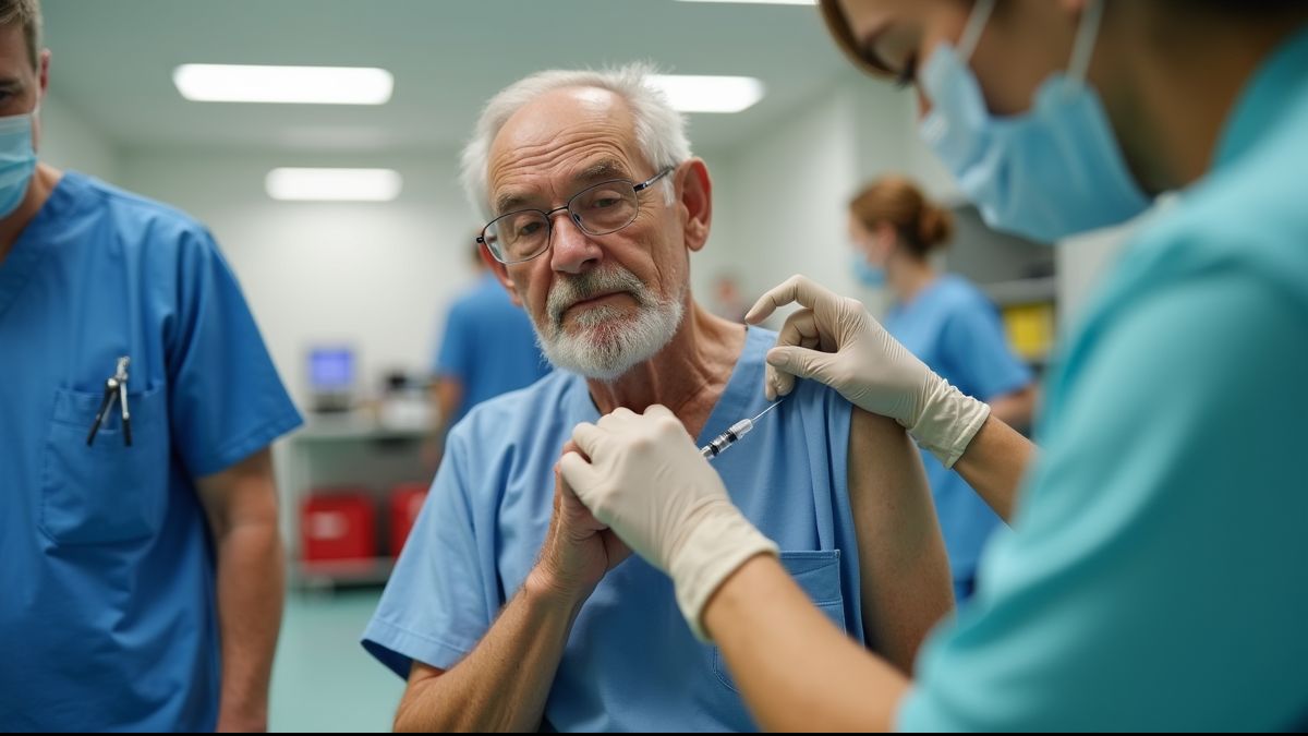 Een oudere patiënt krijgt een pneumonie vaccin in een Belgische kliniek