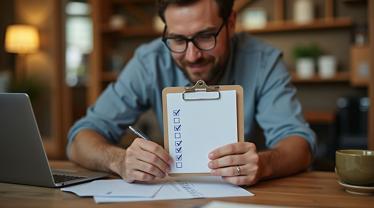 Een persoon met een checklist in een gezellige werkruimte