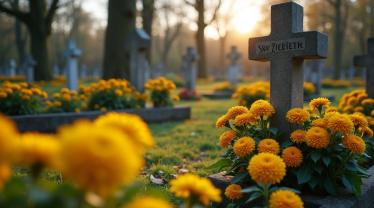 Belgische begraafplaats in de herfst met mensen die bloemen plaatsen.