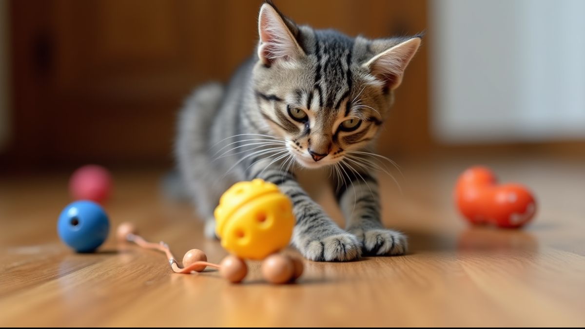 Een speelse kat die nieuwe speeltjes op een houten vloer onderzoekt.