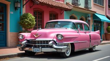 Een vintage roze Cadillac in een levendige stedelijke omgeving