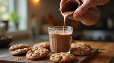 Een warme chocolademelk geschonken in een glazen mok met koekjes eromheen.