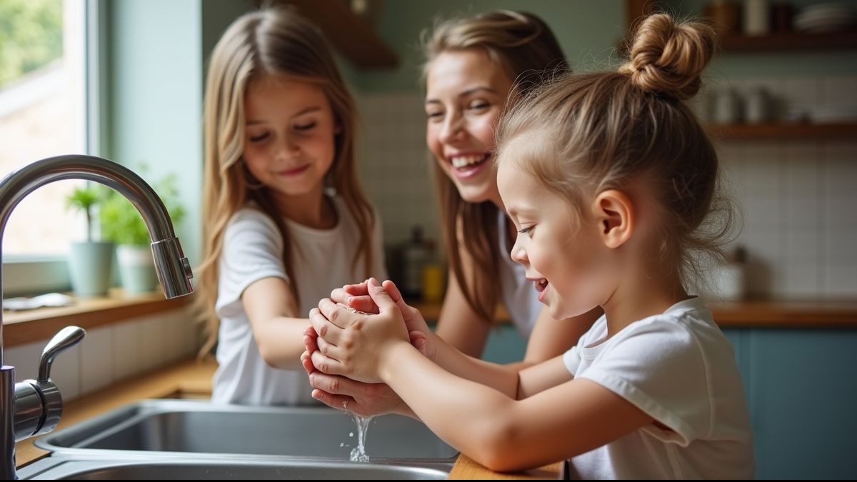 Familie wast samen handen