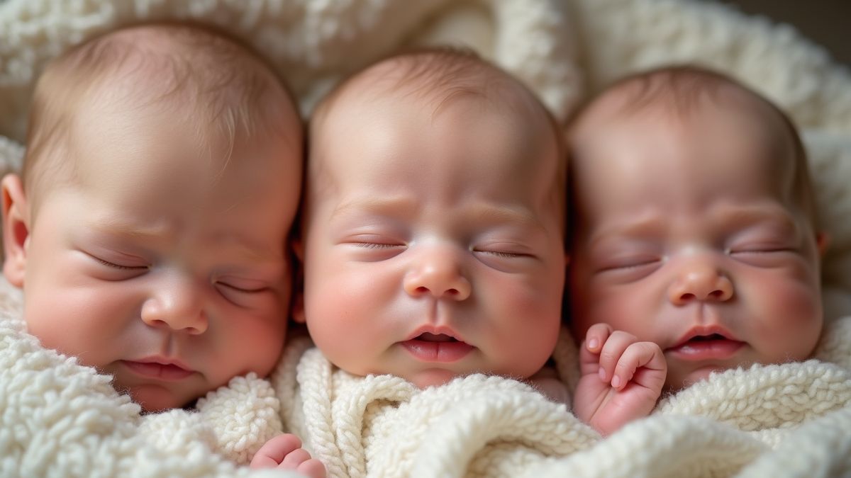 Familiefoto van drie identieke baby's samen.