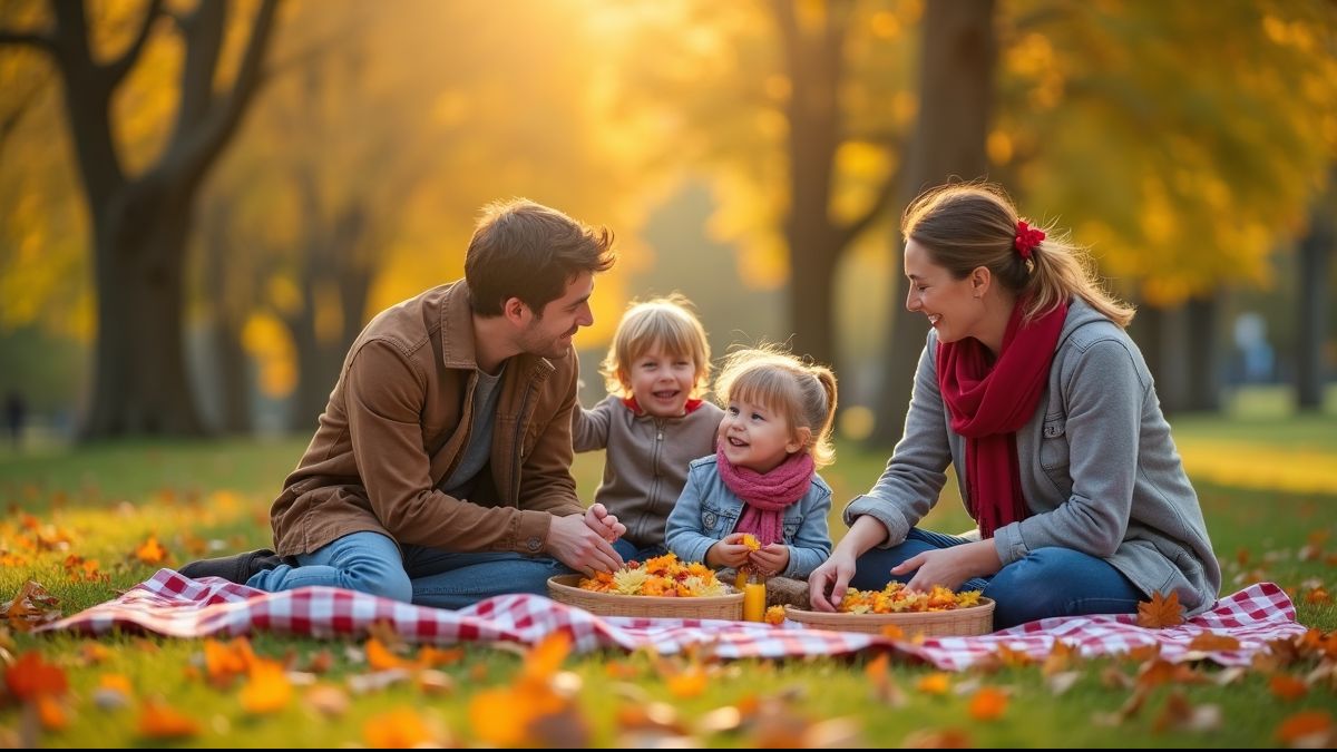 Gezin geniet van herfstpicknick in park