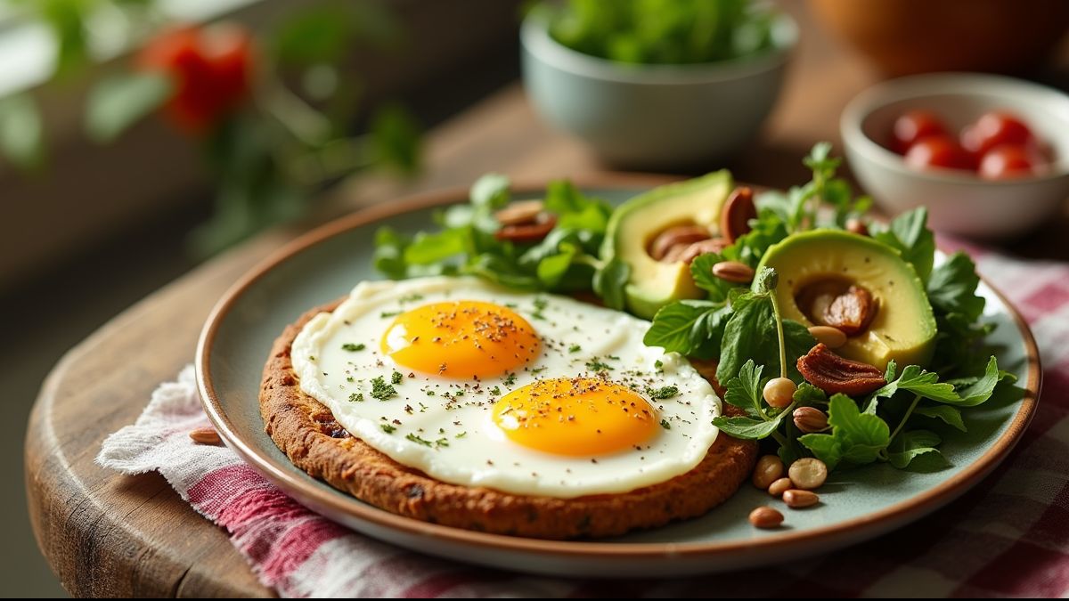 Gezond ontbijt met eieren, avocado en noten