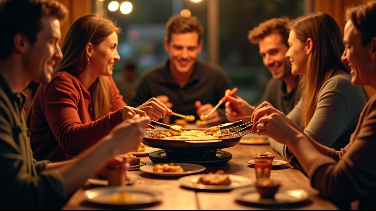 Groep mensen aan tafel voor raclette