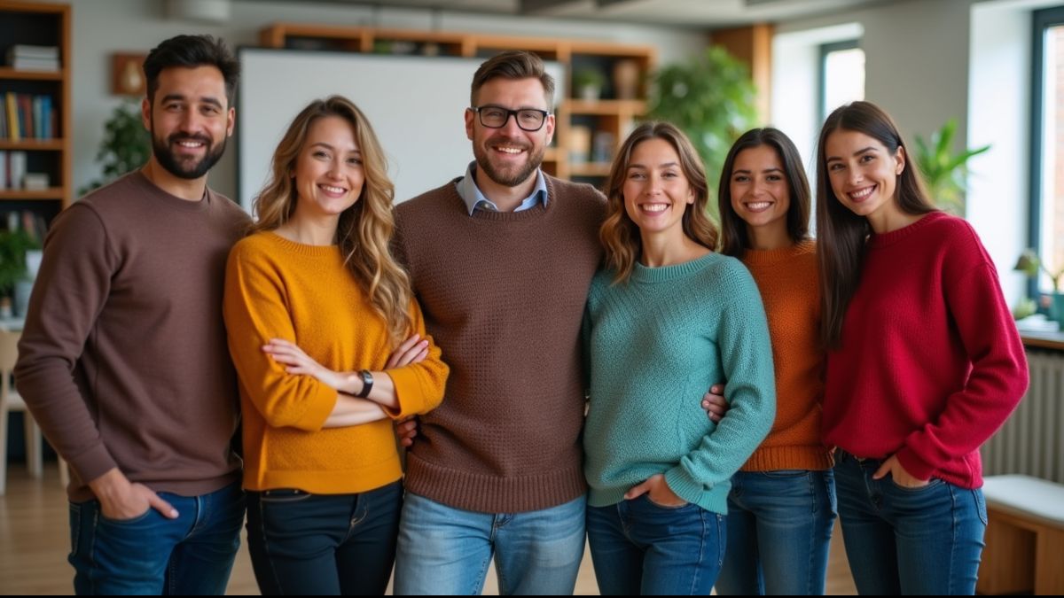 Groep mensen in dikke truien op een kantoor