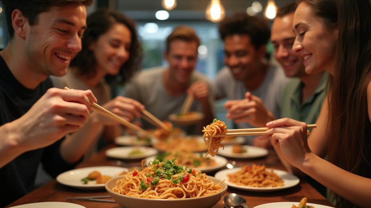 Groep vrienden dineert met eetstokjes