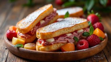 Heerlijke Monte Cristo sandwich met poedersuiker en vers fruit.