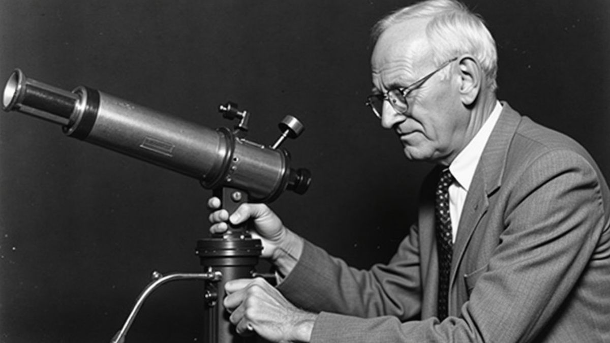 Historische foto van Clyde Tombaugh met een telescoop