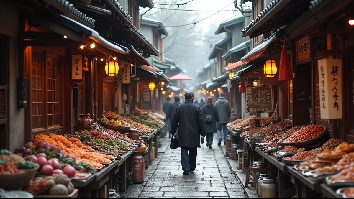 Historische Japanse straatmarkt waar tempura wordt verkocht