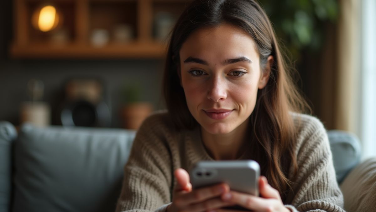 Iemand deelt een verhaal op sociale media met een bedachtzame blik