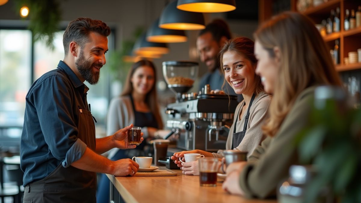 Interieur van een koffiebar met barista en klanten