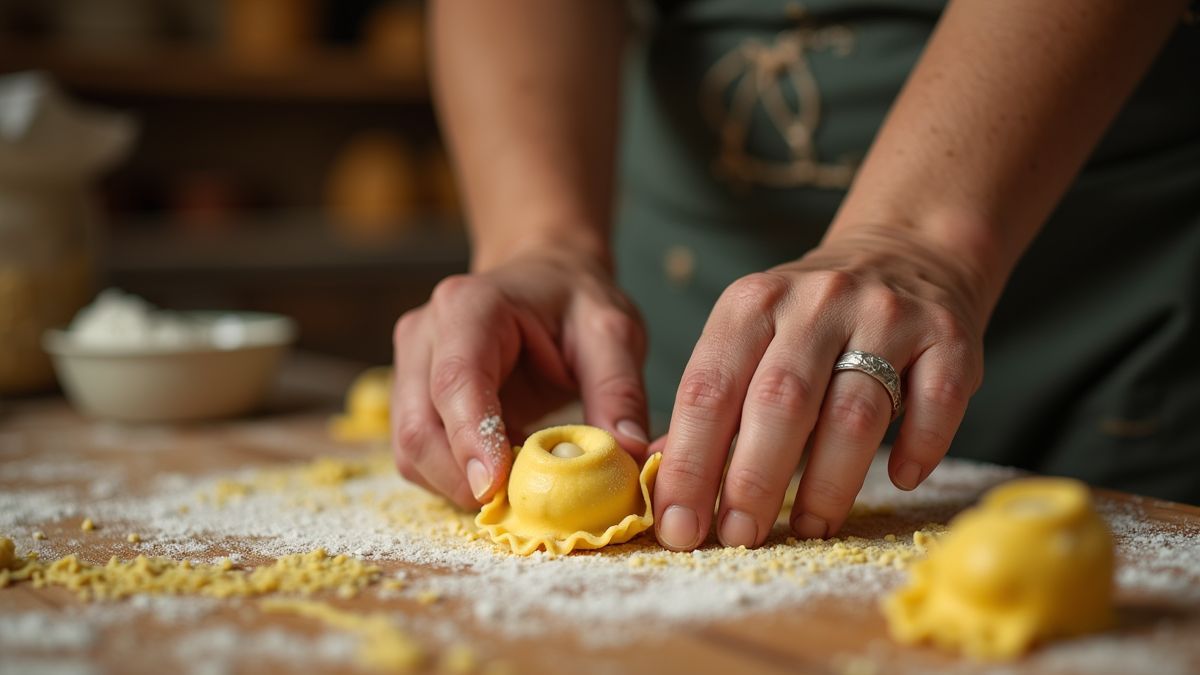 Italiaanse oma die tortellini met de hand maakt