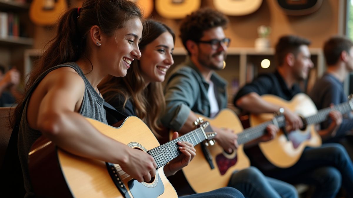 Jongeren bij een gitaarworkshop