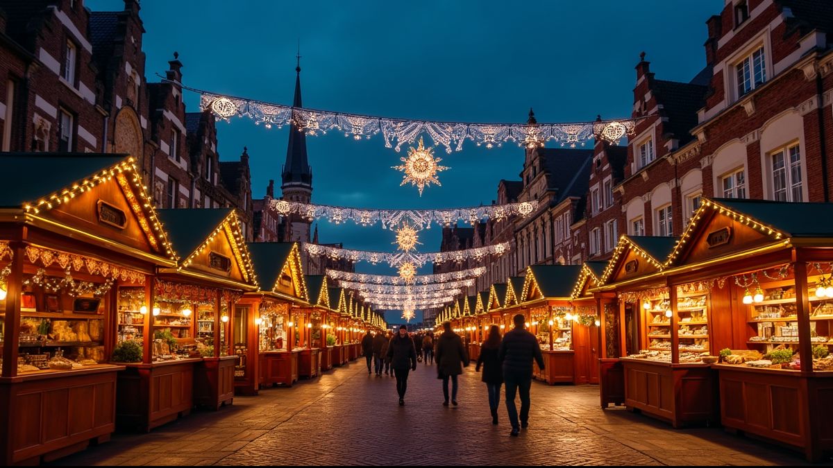 Kerstmarkt in Antwerpen met feestverlichting