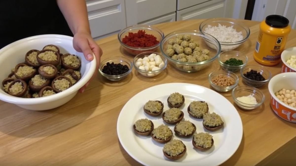 Keukentafel met gevulde champignons