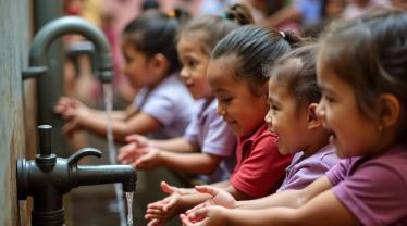 Kinderen die handen wassen op school