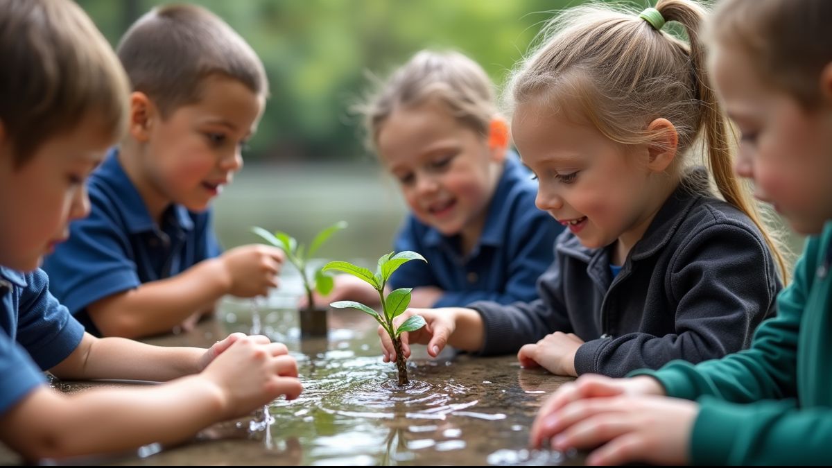 Kinderen leren over waterbeheer op een Belgische school