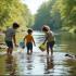 Kinderen verzamelen water van een schone rivier in België