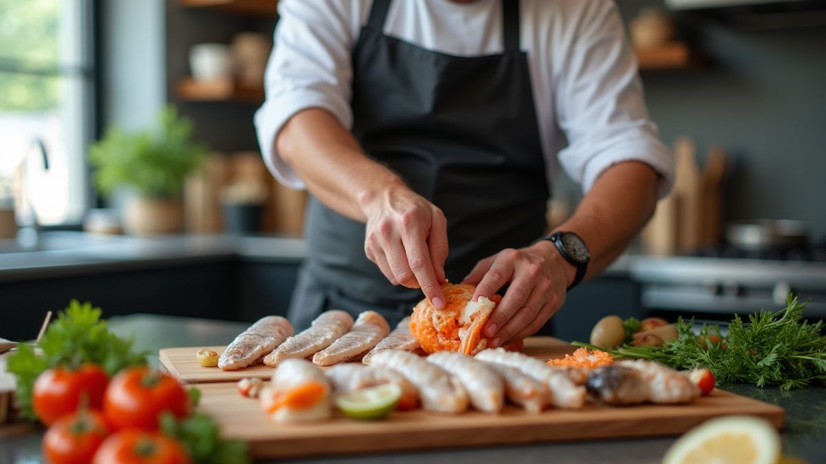 Kok maakt een gerecht met ingevroren zeevruchten in een moderne keuken.