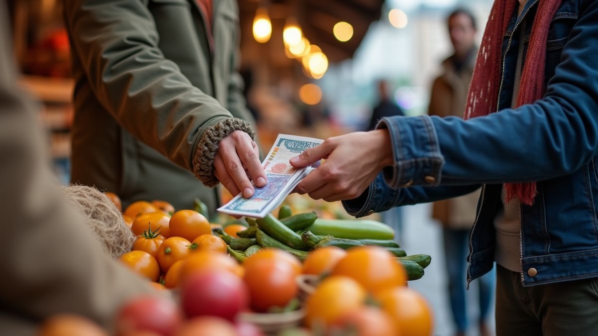 Mensen gebruiken contant geld op een markt in België.