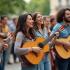 Mensen spelen gitaar buiten op een plein