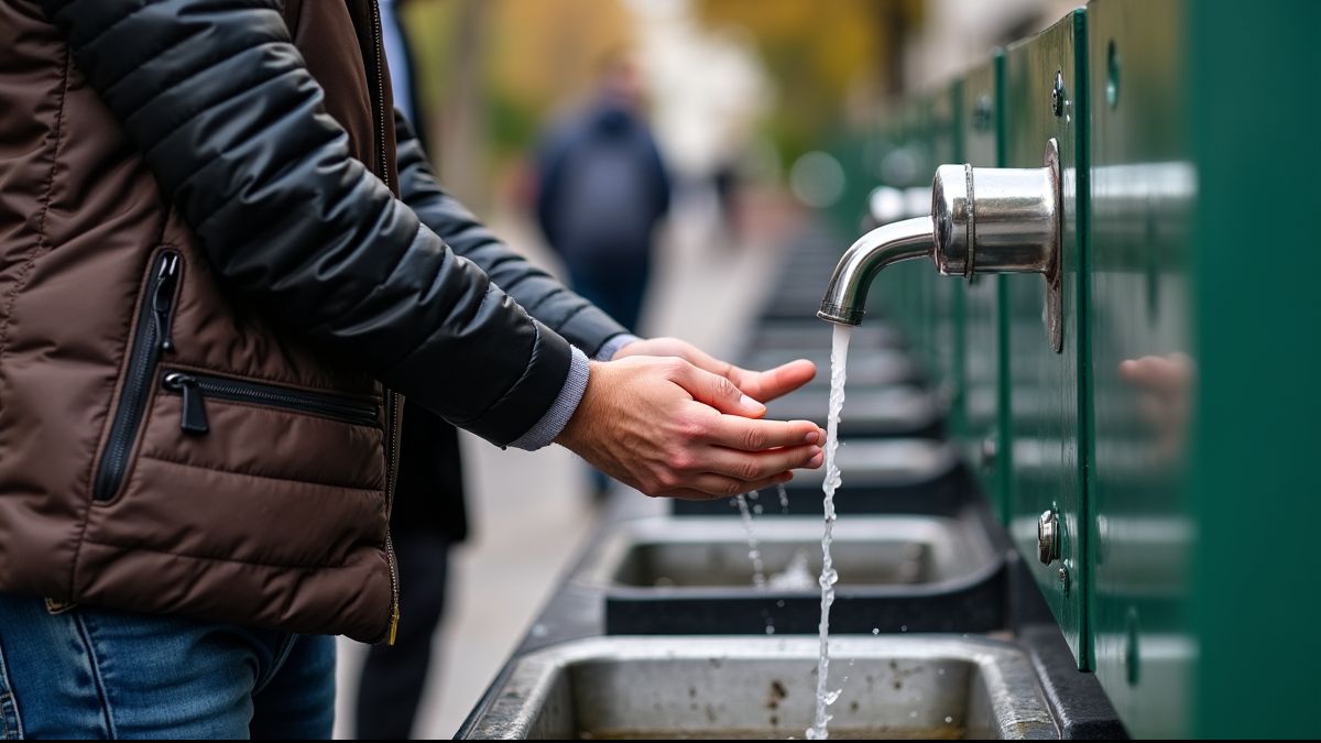 Mensen wassen hun handen bij een openbare wasbak in België