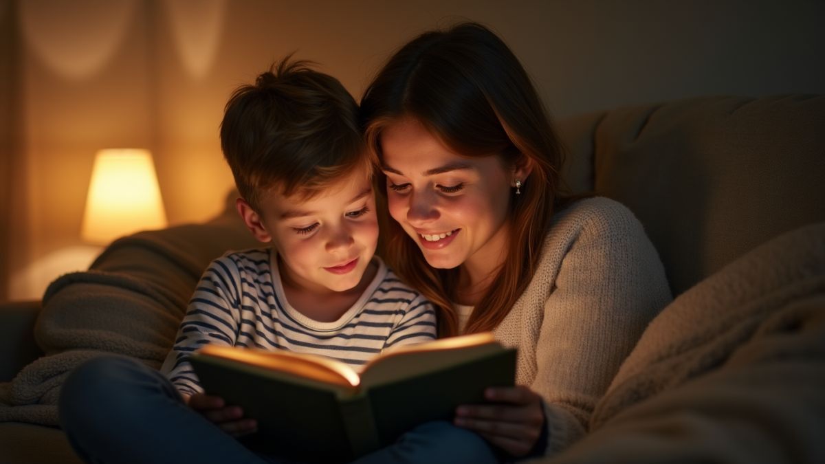 Moeder leest een boek met zoon