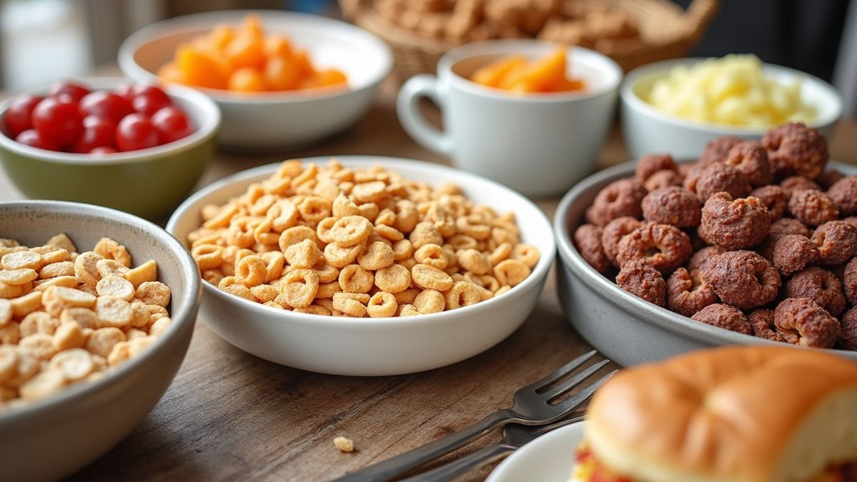 Ontbijttafel met verschillende cornflakes en toppings